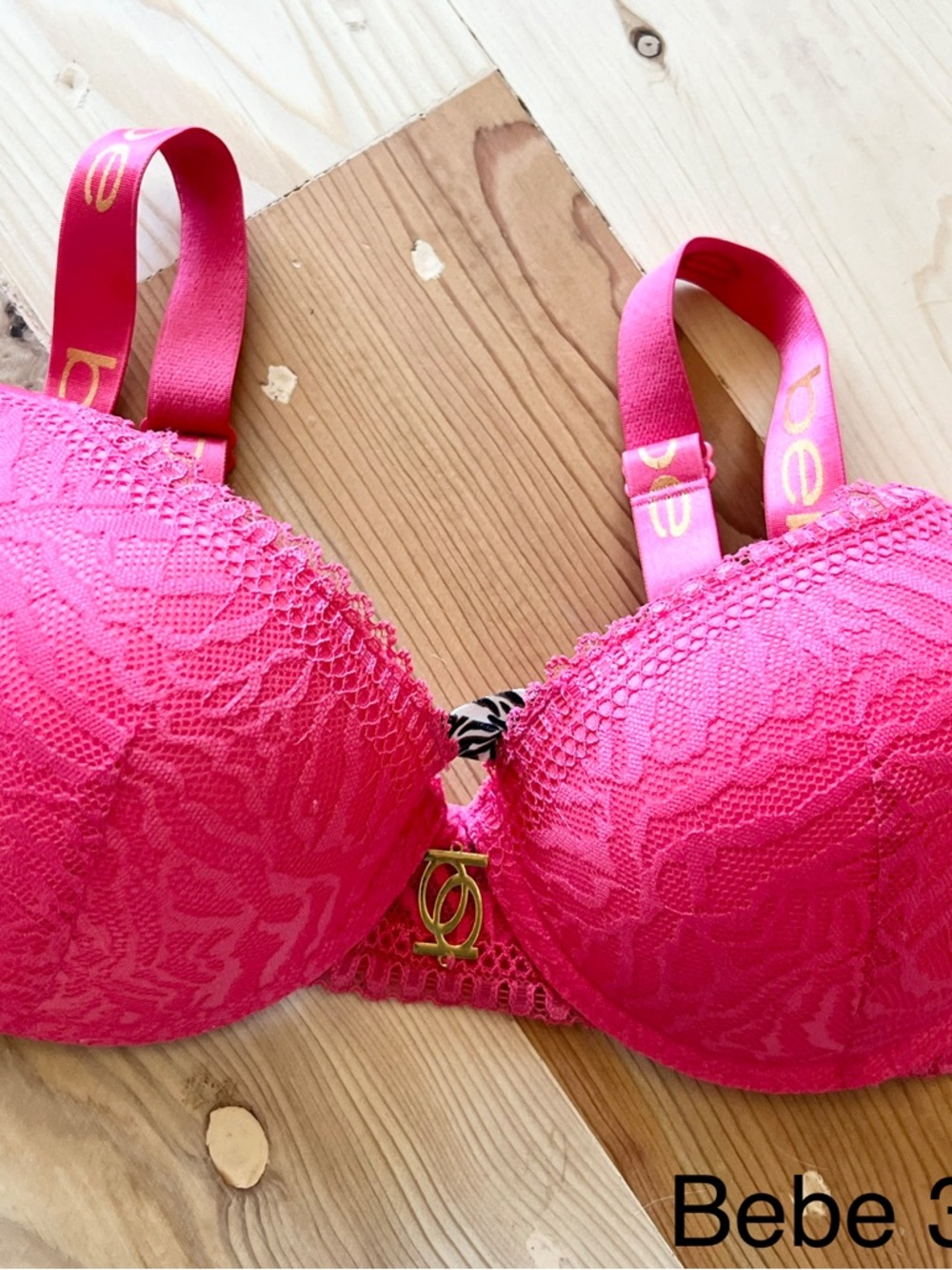 bebe Hot Pink Lace Push-Up Bra with Gold Accent